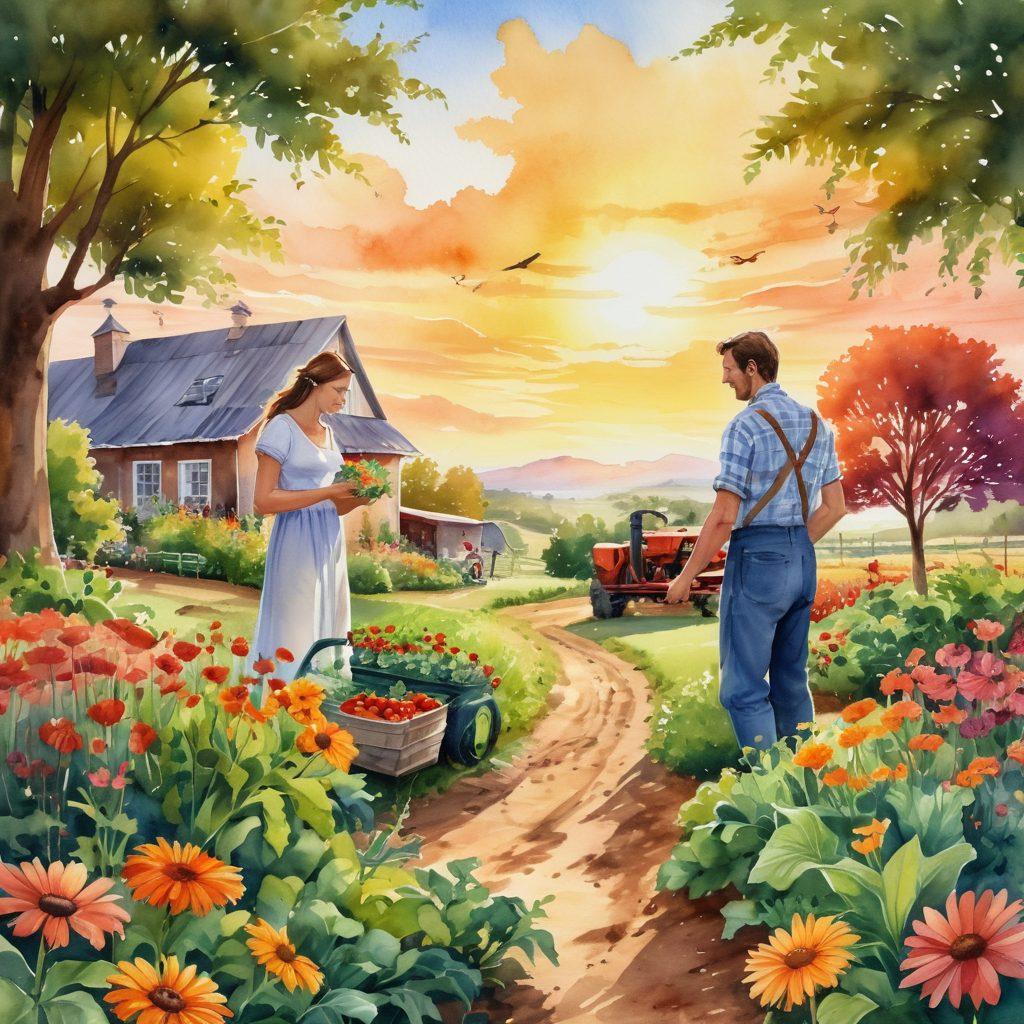A serene landscape showcasing a couple tending to a lush organic farm, surrounded by vibrant flowers and diverse plants symbolizing biodiversity. In the background, a picturesque sunset casts a warm glow, creating a romantic atmosphere. The couple is sharing a joyful moment, perhaps harvesting vegetables together, with birds and butterflies fluttering around. The scene is filled with greenery, showcasing sustainable farming practices. watercolor painting. warm colors. nature-inspired.