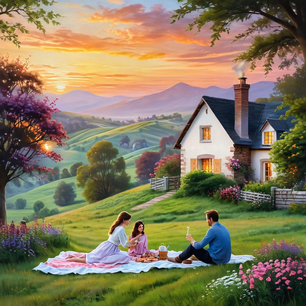 A serene landscape featuring a charming couple enjoying a cozy picnic in a lush, green meadow surrounded by vibrant flowers and gently rolling hills. In the background, a quaint cottage with smoke curling from the chimney and a beautiful sunset casting warm hues across the sky. The scene exudes romance and tranquility, ideal for a couple's getaway. soft focus. pastel colors. painting.