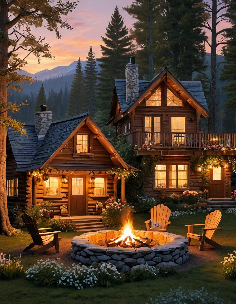 A cozy rustic cabin nestled in a blooming flower-filled landscape, with a couple sharing a romantic moment by a crackling firepit under twinkling fairy lights. The sunset casts warm golden hues, highlighting their affectionate gestures amidst nature's beauty. Surrounding trees and vibrant greenery enhance the intimacy of the scene. super-realistic. vibrant colors. 3D.